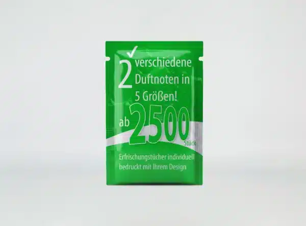 Erfrischungstücher Kleinmengen einzeln verpackt individuell ab 2500 Stück bedruckt
