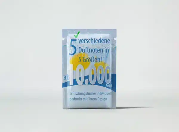 Erfrischungstücher einzeln verpackt individuell ab 10.000 Stück bedruckt